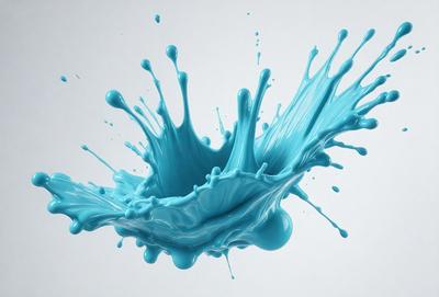 The primary subject of the image is a blue, foamy liquid, possibly a paint or a soap bubble, that is captured in mid-air. The setting is a white background, which provides a clean and uncluttered environment for the subject. The visual style of the image is a close-up, which emphasizes the details of the foamy liquid. The colors and mood of the image are predominantly blue, which gives it a calm and serene atmosphere.