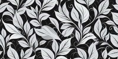 The primary subject of the image is a pattern of leaves, which are the main objects in the scene. The leaves are depicted in a black and white color scheme, giving the image a classic and timeless appearance. The setting is a black background, which contrasts with the white leaves, creating a visually striking pattern. The visual style of the image is a combination of digital art and illustration, as it is a well-crafted and detailed design. The overall atmosphere of the image is elegant and sophisticated, with the