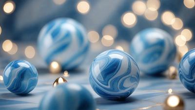 The primary subject of the image is a blue glass ball, which is the main object in the scene. The setting is a table with a blue background, and the visual style is a photo. The dominant colors in the image are blue and white, creating a calm and serene atmosphere.