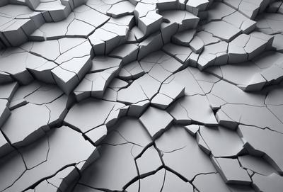 The primary subject of the image is a large, cracked, and broken piece of concrete. The setting is a concrete surface, and the visual style is a black and white photo. The colors and mood of the image are dark and moody, with the concrete appearing to be crumbling and damaged.