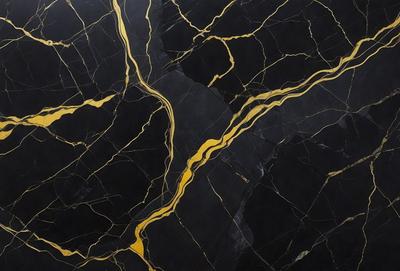 The primary subject of the image is a marble countertop with a yellow and black pattern. The setting is a kitchen, and the visual style is a close-up of the marble countertop. The dominant colors are yellow and black, creating a bold and striking appearance.
