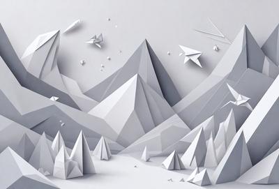 The primary subject of the image is a mountainous landscape, featuring a large mountain and a smaller one. The setting is a white background, which creates a clean and minimalist appearance. The visual style is a combination of digital art and illustration, as the mountain and other elements are depicted in a detailed and realistic manner. The colors and mood of the image are predominantly white, giving it a calm and serene atmosphere.