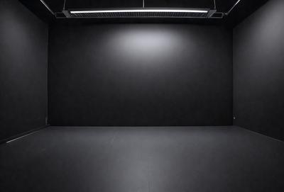 The primary subject of the image is a large, empty room with a black wall. The setting is a dark room with a single light source, creating a moody atmosphere. The visual style is a black and white photo, which adds a sense of drama and contrast to the scene. The colors and mood of the image are predominantly dark, with the black wall and the single light source creating a sense of emptiness and solitude.