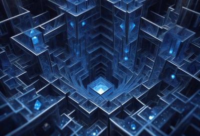 The primary subject of the image is a three-dimensional, blue-tinted, geometric pattern. The setting is a dark, blue-tinted environment, which creates a moody atmosphere. The visual style is a combination of digital art and illustration, with a focus on the intricate design of the pattern. The colors and mood of the image are predominantly dark and mysterious, with the blue tint adding a sense of depth and complexity to the overall composition.
