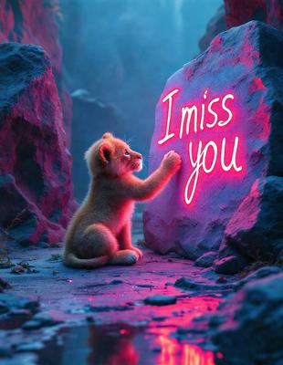 The primary subject of the image is a small lion cub, which is sitting on the ground and looking at a neon sign. The setting is a rocky environment, with the lion cub positioned in front of a large rock. The visual style of the image is a combination of photo and digital art, creating a unique and eye-catching scene. The dominant colors in the image are pink and purple, giving the scene a warm and inviting atmosphere.