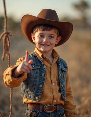The primary subject of the image is a young boy wearing a cowboy hat and a yellow shirt. He is giving a thumbs up, indicating his approval or excitement about something. The setting is outdoors, with a rope visible in the background. The visual style is a photo, capturing the boy's expression and the moment he is giving the thumbs up. The colors and mood of the image are warm and cheerful, with the yellow shirt and cowboy hat adding a sense of fun and advent
