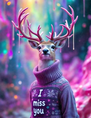 The primary subject of the image is a deer with a sweater on, standing in a colorful, rainbow-colored environment. The deer is wearing a pink sweater with the words "I miss" written on it. The setting appears to be a forest or a similar natural environment, with a backdrop of vibrant colors. The visual style of the image is a combination of photo and digital art, creating a unique and eye-catching scene. The overall atmosphere of the image is playful and wh