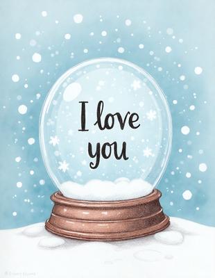 The primary subject of the image is a snow globe with the words "I Love You" written on it. The setting is a snowy environment, with the globe placed on a brown base. The visual style is a combination of digital art and illustration, creating a warm and cozy atmosphere. The dominant colors are white and blue, with the snow globe being white and the words "I Love You" being written in blue.