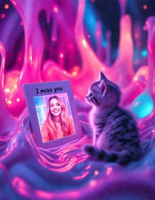 The primary subject of the image is a cat sitting next to a picture frame. The setting is a pink and purple background, which gives the scene a vibrant and colorful atmosphere. The visual style appears to be a combination of a photo and digital art, as the cat and the picture frame are depicted in a realistic manner, while the background has a more artistic and surreal quality. The dominant colors in the image are pink and purple, creating a warm and inviting mood.