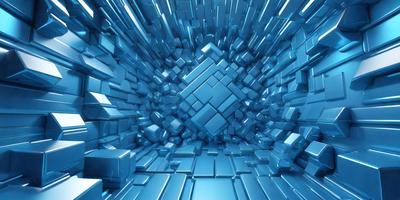 The primary subject of the image is a blue, three-dimensional structure made up of many small blue squares. The setting is a blue background, which creates a visually striking contrast with the blue squares. The visual style is a combination of digital art and illustration, as the blue squares are arranged in a complex pattern. The colors and mood of the image are predominantly blue, giving it a calm and serene atmosphere.