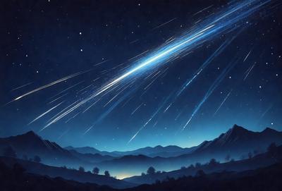 The primary subject of the image is a beautiful night scene featuring a shooting star streaking across the sky. The setting is a dark, star-filled night with a mountainous landscape in the background. The visual style is a combination of digital art and illustration, creating a captivating and serene atmosphere. The colors and mood of the image are predominantly dark, with the shooting star being the brightest and most prominent feature.