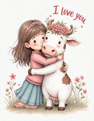 The primary subject of the image is a little girl hugging a cow. The setting is a grassy field, and the visual style is a hand-drawn illustration. The colors are predominantly pink and white, creating a warm and friendly atmosphere.