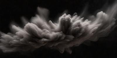 The primary subject of the image is a cloud of smoke, which is the main object, scene, or focus of the image. The setting is a dark background, which creates a dramatic and moody atmosphere. The visual style is a black and white photo, giving the image a classic and timeless appearance. The colors and mood are dominated by the smoke, which appears as a dense and swirling mass, creating a sense of mystery and intrigue.