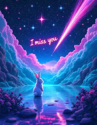 The primary subject of the image is a white bunny standing in a body of water, possibly a lake or a river. The setting is a beautiful, colorful, and surreal environment, with a purple sky and a pink background. The visual style is a digital art or illustration, creating a whimsical and imaginative atmosphere. The dominant colors are purple and pink, which contribute to the overall mood of the scene.