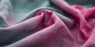 The primary subject of the image is a piece of pink fabric. The setting is a room with a blue background. The visual style is a close-up of the fabric, showcasing its texture and color. The dominant colors are pink and blue, creating a warm and inviting atmosphere.