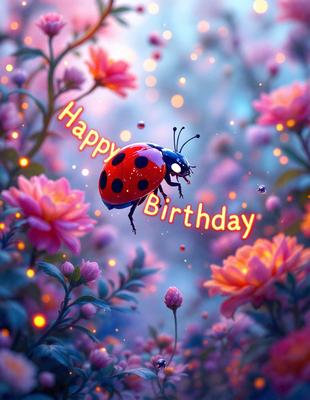 The primary subject of the image is a ladybug, which is the main object, scene, or focus of the image. The ladybug is flying in front of a pink flower background, creating a vibrant and lively atmosphere. The visual style of the image is a digital art or illustration, as it is a well-crafted and detailed representation of the ladybug. The colors and mood of the image are predominantly pink and cheerful, as the ladybug and the flower create a warm and inviting