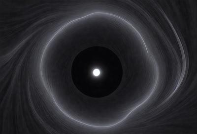The primary subject of the image is a black circle with a white center, which appears to be a moon. The setting is a dark background, and the visual style is a combination of a photo and a drawing. The colors are predominantly black and white, creating a moody and dramatic atmosphere.