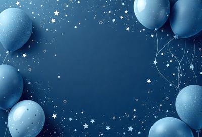 The primary subject of the image is a blue background with a starry night sky. The setting is a dark, star-filled night sky, which creates a serene and peaceful atmosphere. The visual style is a combination of a photo and digital art, as the background is a blue starry night sky, and the balloons are digitally placed on the background. The colors and mood of the image are predominantly blue, with the stars adding a touch of white and the night sky creating a sense of calmness and tran