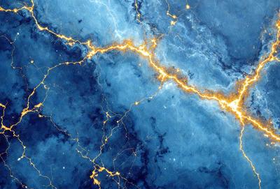 The primary subject of the image is a blue background with yellow streaks, which creates a visually striking and unique effect. The setting appears to be a space or an underwater environment, as the background is filled with blue and yellow light. The visual style of the image is a combination of digital art and illustration, as the yellow streaks are created by a digital effect. The colors and mood of the image are vibrant and energetic, with the blue and yellow hues evoking a sense of movement and dynamism