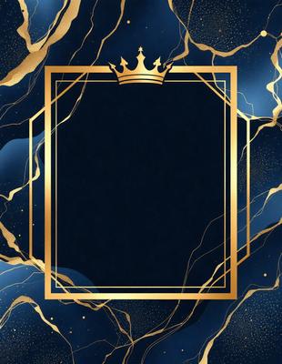 The primary subject of the image is a blue and gold frame with a crown on top. The setting is a blue background, and the visual style appears to be a combination of digital art and illustration. The dominant colors are blue and gold, creating a sense of elegance and sophistication.