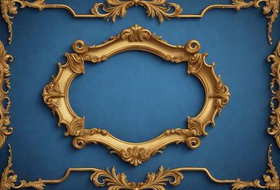 The primary subject of the image is a large, ornate gold frame with a blue background. The frame is adorned with intricate carvings and decorations, giving it an antique and elegant appearance. The setting is a wall, and the visual style is a combination of photo and digital art, creating a realistic yet artistic representation of the frame. The colors and mood of the image are predominantly blue and gold, evoking a sense of sophistication and timeless beauty.