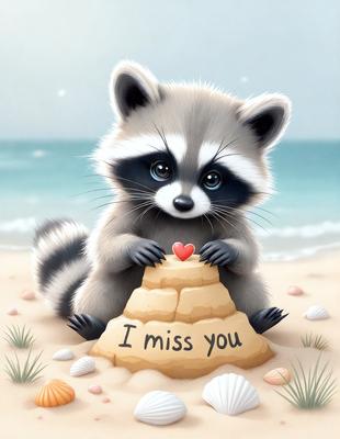 The primary subject of the image is a cute cartoon raccoon sitting on a sandy beach. The setting is a beach with a sandy surface. The visual style is a digital art illustration, featuring a cute and colorful raccoon. The colors and mood of the image are cheerful and light-hearted, with the raccoon holding a heart in its paws.