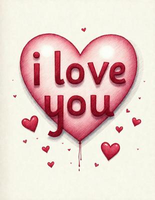 The primary subject of the image is a heart-shaped balloon with the words "I love you" written on it. The heart is red and pink, and it is placed on a white background. The visual style of the image is a digital illustration, and the colors and mood are warm and affectionate.