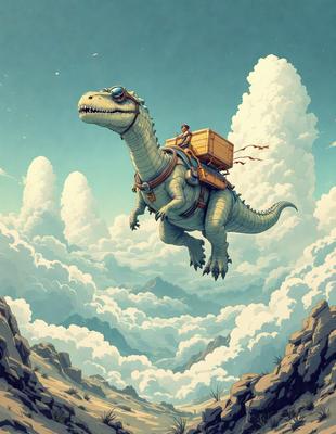 Primary subject: Dinosaur with a person riding in a crate on its back.

Setting/background: A cloudy sky.

Visual style: Digital art.

Colors and mood: The image is in black and white, giving it a classic and timeless feel.