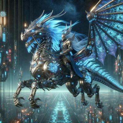 Primary subject: A dragon with a knight riding on its back.

Setting/background: The dragon and knight are flying through a futuristic city with tall buildings and neon lights.

Visual style: The image is a digital artwork, featuring a knight in armor riding a dragon.

Colors and mood: The image has a vibrant and futuristic color scheme, with neon lights illuminating the cityscape. The mood is adventur