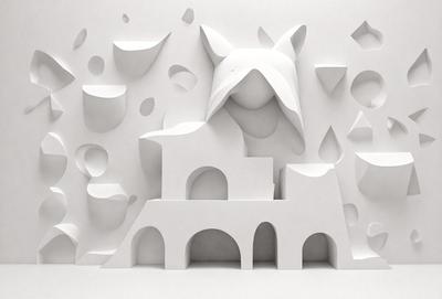 The primary subject of the image is a white building, which appears to be a house. The setting is a white wall with a pattern of white and grey shapes, creating a unique and interesting visual effect. The visual style of the image is a combination of digital art and illustration, giving it a modern and artistic appearance. The colors and mood of the image are predominantly white and grey, with a touch of creativity and playfulness.