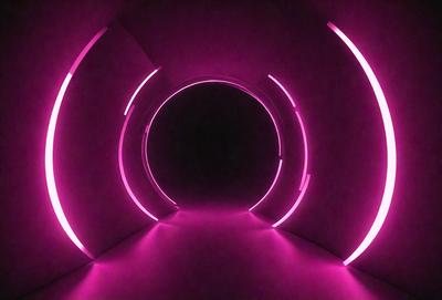 The primary subject of the image is a pink tunnel with a purple light illuminating it. The setting is a dark room, and the visual style appears to be a combination of a photo and digital art. The dominant colors in the image are pink and purple, creating a warm and inviting atmosphere.