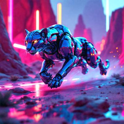 Primary subject: A silver panther or cat-like creature.

Setting/background: A rocky, mountainous terrain with a pink glow.

Visual style: Digital art or illustration.

Colors and mood: The scene is predominantly pink, with a futuristic and surreal atmosphere.