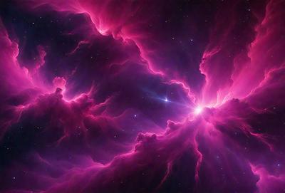 The primary subject of the image is a pink nebula, which is a large, swirling mass of gas and dust in space. The setting is a dark, starry sky, with the nebula being the main focus of the image. The visual style is a combination of a photo and digital art, creating a unique and captivating representation of the nebula. The colors and mood of the image are predominantly pink, giving it a warm and vibrant atmosphere.