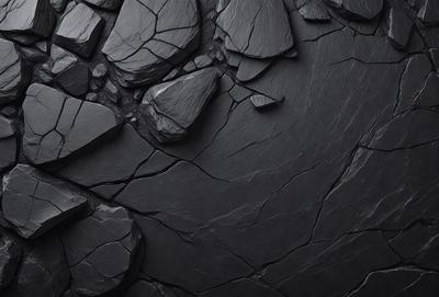 The primary subject of the image is a large black rock with a cracked surface. The rock is surrounded by a black background, giving it a dramatic and moody appearance. The visual style of the image is a black and white photo, which adds to the intensity of the scene. The colors and mood of the image are predominantly dark, with the cracked surface of the rock being the focal point.