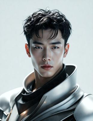 The primary subject of the image is a man with dark hair, wearing a silver suit and a silver cape. He is posing for the camera, showcasing his outfit and his features. The setting is a white background, which provides a clean and minimalist look to the photo. The visual style is a high-quality digital art, illustration, or drawing, creating a polished and professional appearance. The colors and mood of the image are predominantly silver and white, giving it a sleek and modern feel