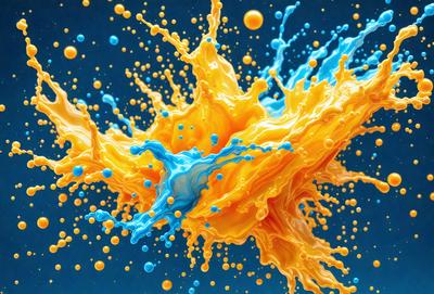 The primary subject of the image is a close-up of a brightly colored, swirling, and splashing liquid, possibly a mix of blue and yellow. The setting is a blue background, which contrasts with the vibrant colors of the liquid. The visual style appears to be a combination of a photo and digital art, as the colors and swirls are both realistic and artistic. The dominant colors are blue and yellow, creating a lively and energetic atmosphere.