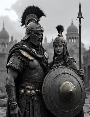 Primary subject: A man and a woman dressed in Roman armor, standing together.

Setting/background: The couple is standing in front of a castle, which serves as the backdrop for the scene.

Visual style: The image is a digital artwork, featuring a detailed and intricate depiction of the couple in Roman armor.

Colors and mood: The image is in black and white, giving it a classic and timeless feel. The mood of the scene is one of strength, courage,