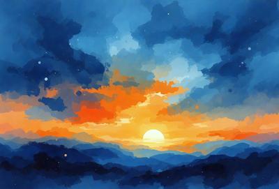 The primary subject of the image is a beautiful sunset with a vibrant orange sky. The setting is a mountainous landscape, with the sun peeking over the mountains, creating a serene and picturesque scene. The visual style is a combination of digital art and illustration, with the sunset and mountains depicted in a colorful and artistic manner. The colors and mood of the image are warm, inviting, and inspiring, making it a captivating and memorable scene.