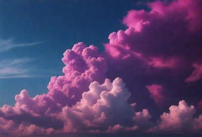 The primary subject of the image is a large, pink cloud with a purple hue. The cloud is floating in a blue sky, creating a striking contrast between the cloud and the sky. The visual style of the image is a combination of photo and digital art, giving it a unique and artistic appearance. The dominant colors in the image are pink and purple, creating a warm and inviting atmosphere.
