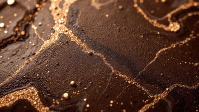 The primary subject of the image is a close-up of a black surface with gold specks on it. The setting appears to be a dark room, and the visual style is a combination of a photo and digital art. The dominant colors are black and gold, creating a rich and luxurious atmosphere.