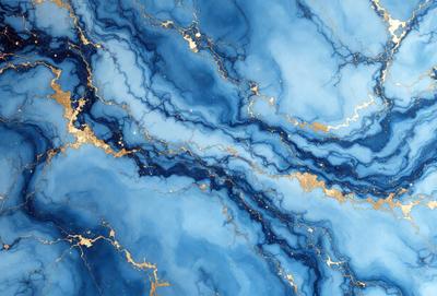 The primary subject of the image is a blue and gold marbled stone wall. The setting is a room with a blue and gold marbled stone wall as the main focus. The visual style is a photo of the marbled stone wall. The dominant colors are blue and gold, creating a luxurious and elegant atmosphere.