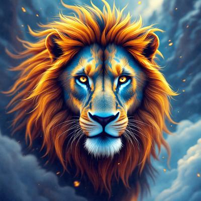 Primary subject: Lion
Setting/background: Cloudy sky
Visual style: Digital art
Colors and mood: Blue, orange, and yellow