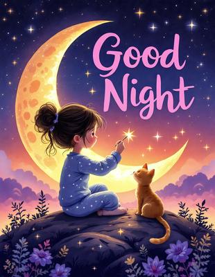 The primary subject of the image is a young girl sitting on a rock, with a cat beside her. The setting is a nighttime scene with a moon in the background. The visual style is a digital art illustration, featuring a colorful and lively atmosphere.