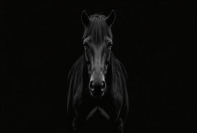 Primary subject: A black horse with a white nose.

Setting/background: A black background.

Visual style: A black and white photo.

Colors and mood: The black and white photo creates a dramatic and moody atmosphere.