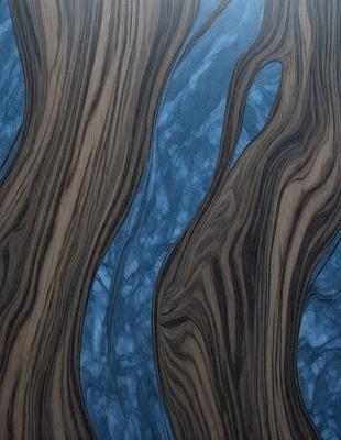 The primary subject of the image is a wooden tree trunk. The setting is a blue background, which creates a striking contrast with the wooden texture. The visual style is a close-up of the tree trunk, showcasing its intricate details. The colors and mood of the image are predominantly blue, giving it a calm and serene atmosphere.