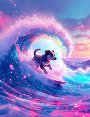 The primary subject of the image is a dog riding a surfboard on a wave. The dog is positioned in the middle of the scene, and the surfboard is located towards the right side of the image. The setting is a body of water, with the wave providing a dynamic backdrop. The visual style of the image is a digital art or illustration, showcasing the dog skillfully riding the surfboard. The colors and mood of the image are vibrant and energetic, with the
