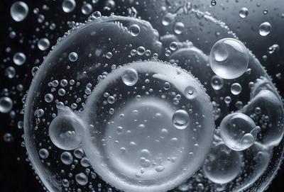 The primary subject of the image is a close-up of a glass ball with bubbles inside. The setting is a dark background, which contrasts with the glass ball and the bubbles. The visual style is a close-up, which emphasizes the details of the glass ball and the bubbles. The colors and mood of the image are predominantly dark, with the glass ball and bubbles being the main focus.