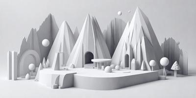 The primary subject of the image is a white model of a mountainous landscape. The setting is a white background, and the visual style appears to be a digital art or illustration. The colors and mood of the image are predominantly white, giving it a clean and minimalist appearance.