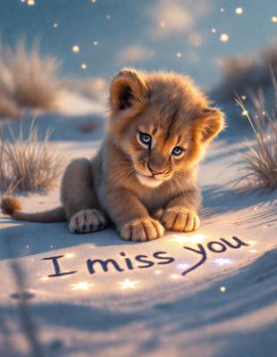The primary subject of the image is a small lion cub sitting on a sandy surface. The setting is a desert-like environment, with a sandy ground and a sky visible in the background. The visual style of the image is a digital art, with the lion cub being drawn or illustrated. The colors and mood of the image are warm and inviting, with the lion cub being the main focus of the scene.
