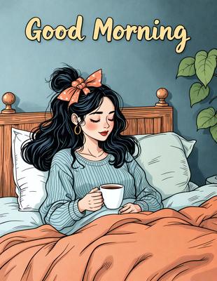 The primary subject of the image is a woman lying in bed, holding a cup of coffee. The setting is a cozy bedroom, with a bed and a potted plant visible in the background. The visual style is a colorful, hand-drawn illustration, giving the image a warm and inviting atmosphere.